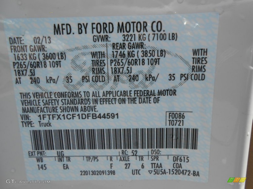 2013 F150 Color Code UG for White Platinum Metallic Tri-Coat Photo #77993038