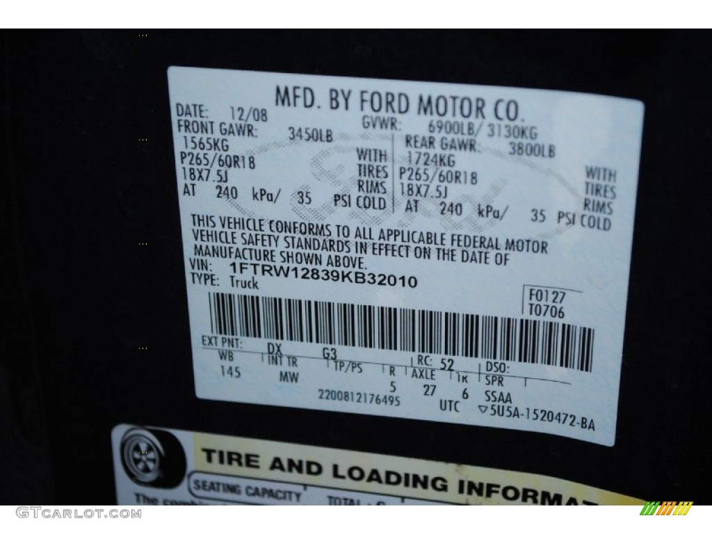 2009 Ford F150 XLT SuperCrew Color Code Photos