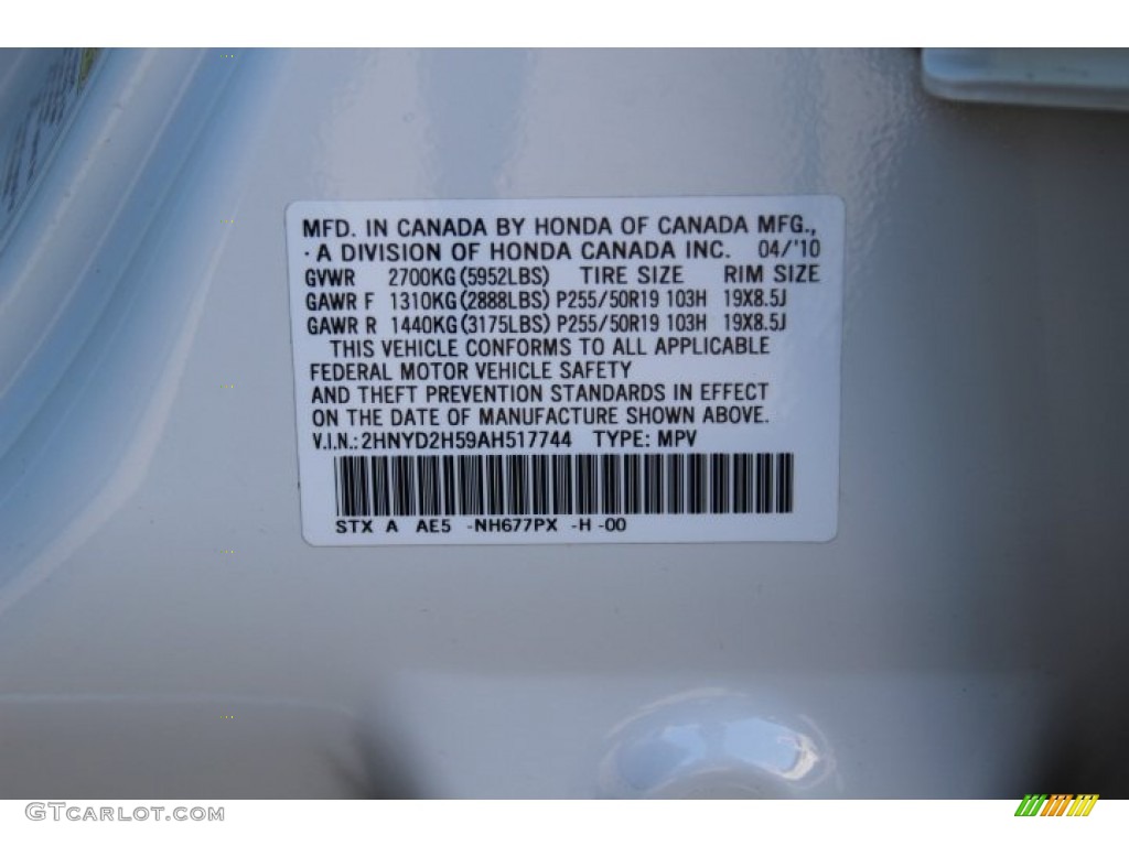 2010 MDX Color Code NH677PX for Aspen White Pearl Photo #78007763