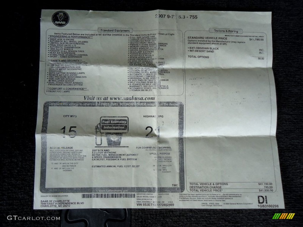 2007 Saab 9-7X 5.3i Window Sticker Photo #78012521