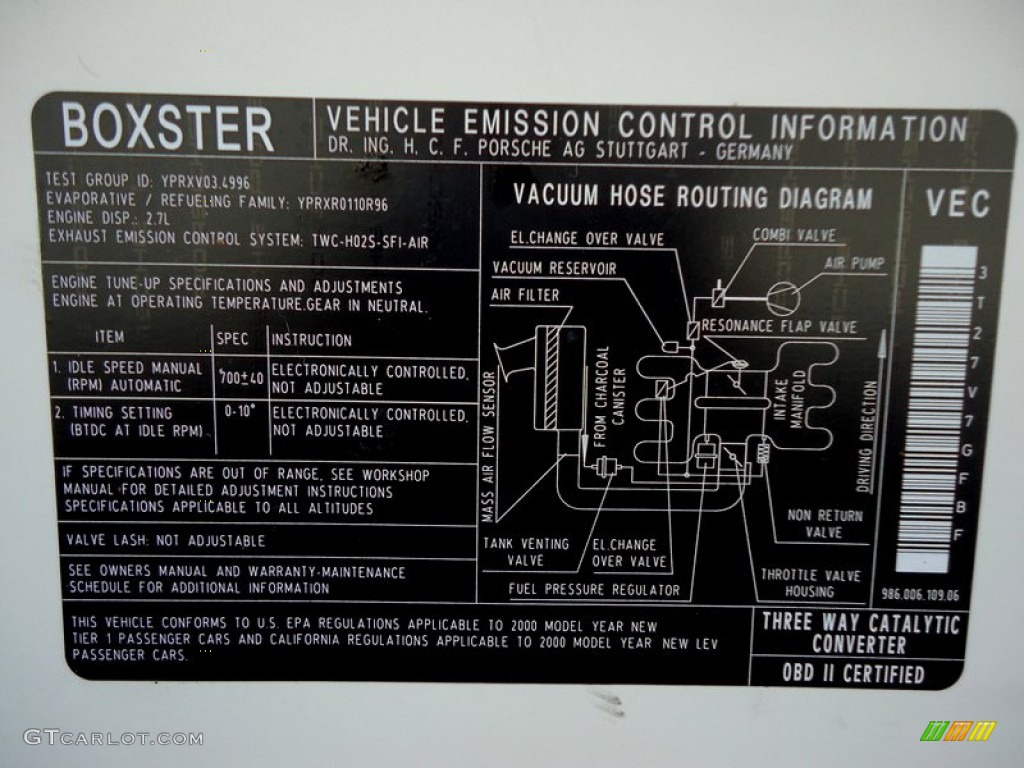 2000 Porsche Boxster Standard Boxster Model Info Tag Photos