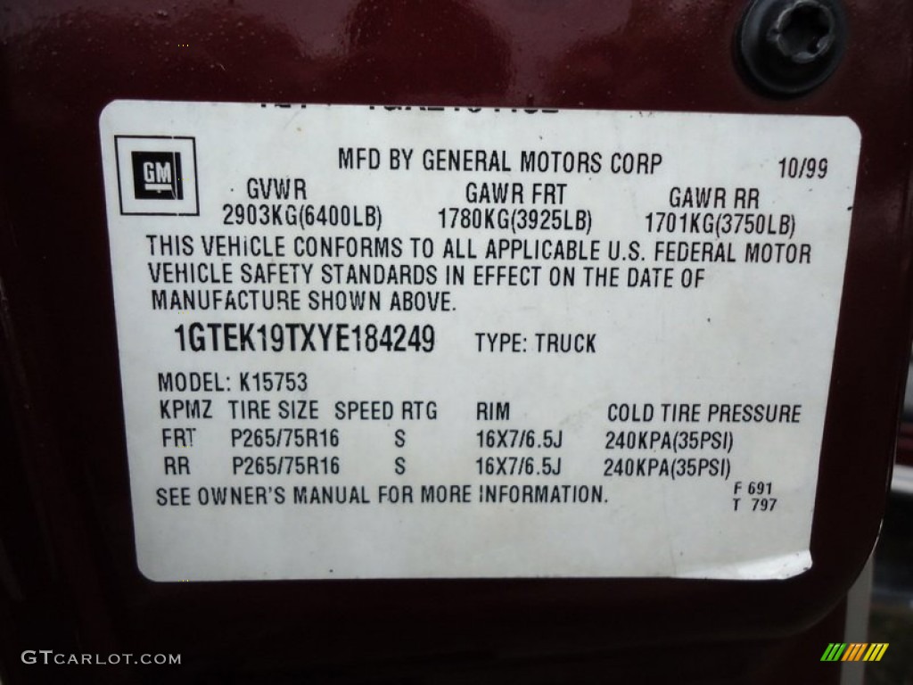 2000 GMC Sierra 1500 SLE Extended Cab 4x4 Info Tag Photo #78018248