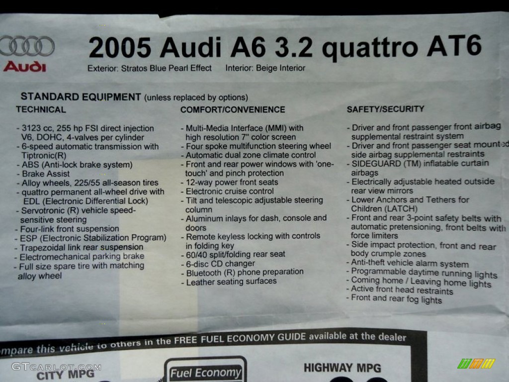 2005 Audi A6 3.2 quattro Sedan Window Sticker Photo #78019514