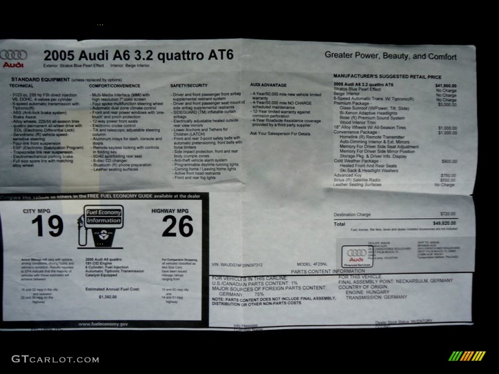 2005 Audi A6 3.2 quattro Sedan Window Sticker Photo #78019679