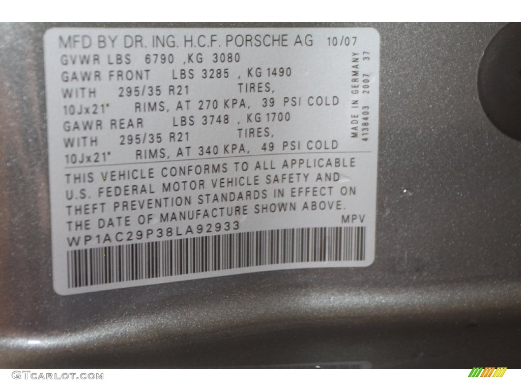 2008 Porsche Cayenne Turbo Info Tag Photos