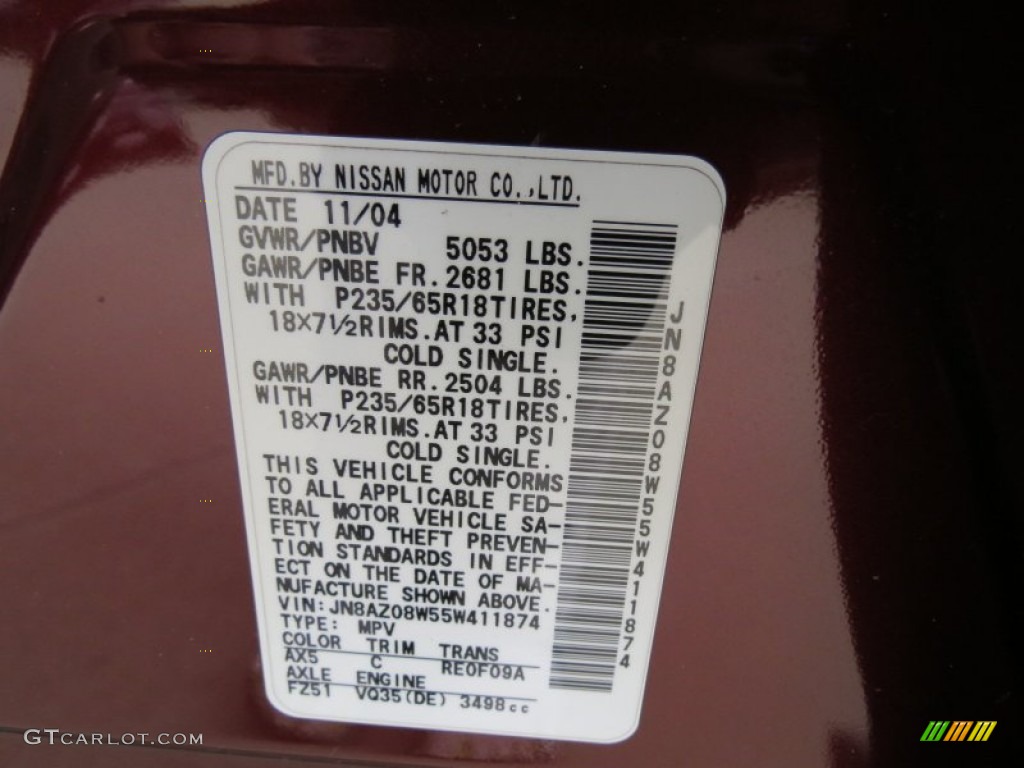 2005 Nissan Murano S AWD Color Code Photos