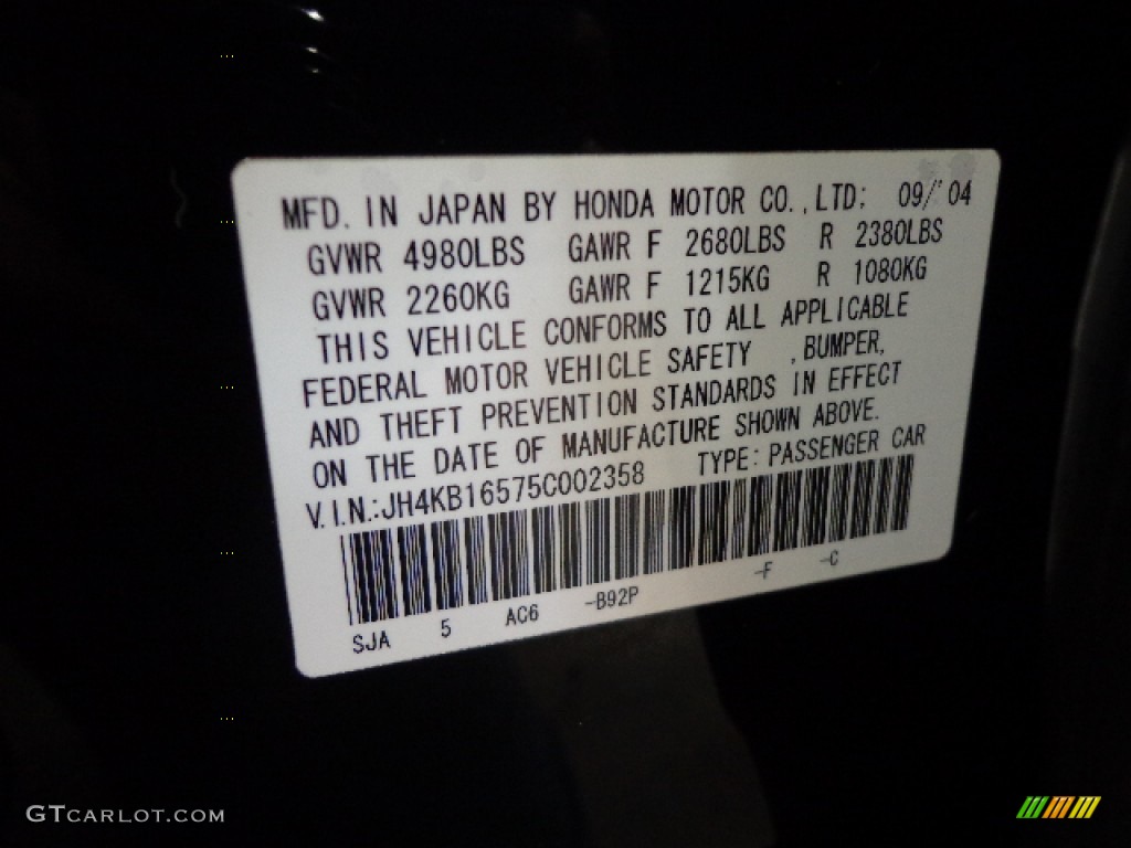 2005 RL Color Code B92P for Nighthawk Black Pearl Photo #78072324