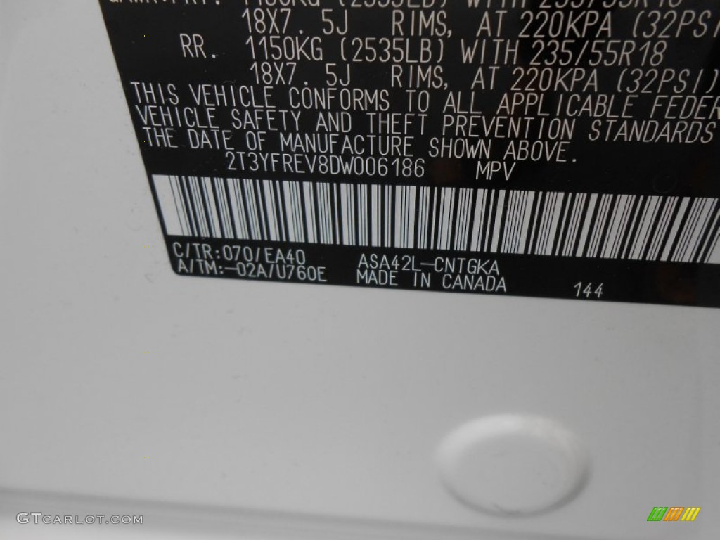 2013 RAV4 Color Code 070 for Blizzard White Pearl Photo #78100565