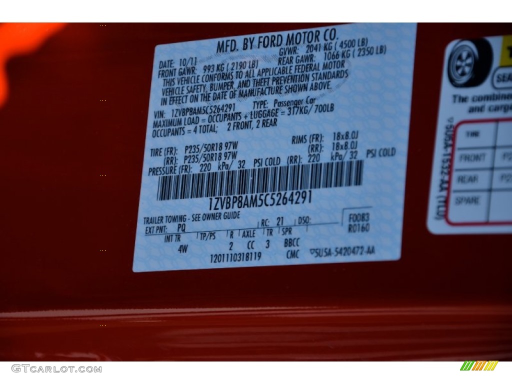 2012 Mustang Color Code PQ for Race Red Photo #78107432