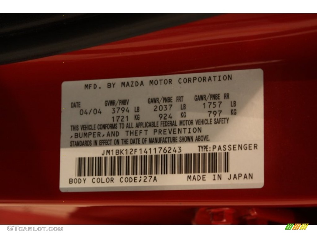 2004 MAZDA3 Color Code 27A for Velocity Red Photo #78109117