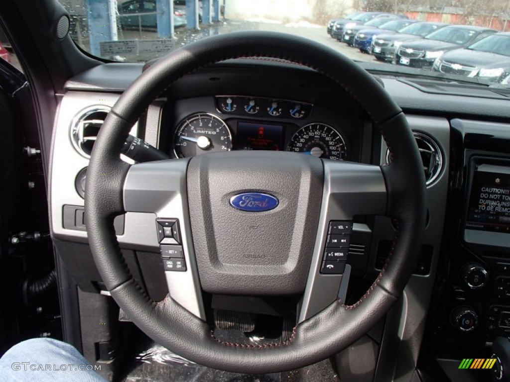 2013 Ford F150 Limited SuperCrew 4x4 Limited Unique Red Leather Steering Wheel Photo #78109973