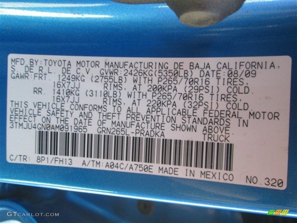 2010 Toyota Tacoma V6 PreRunner TRD Double Cab Color Code Photos