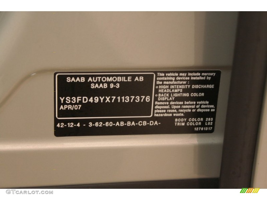 2007 9-3 Color Code 293 for Parchment Silver Metallic Photo #78139531