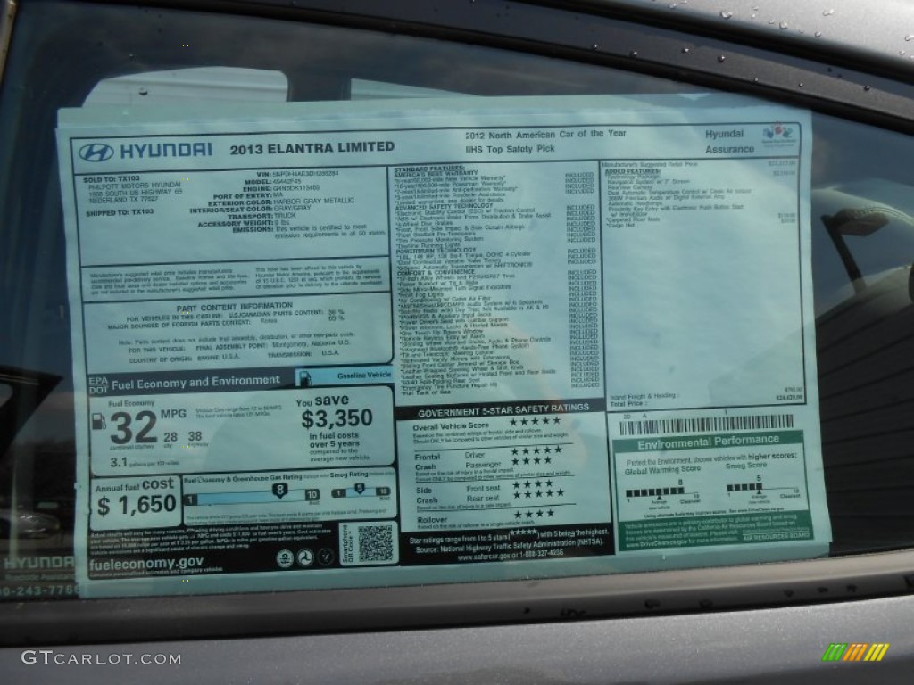2013 Elantra Limited - Harbor Gray Metallic / Gray photo #38