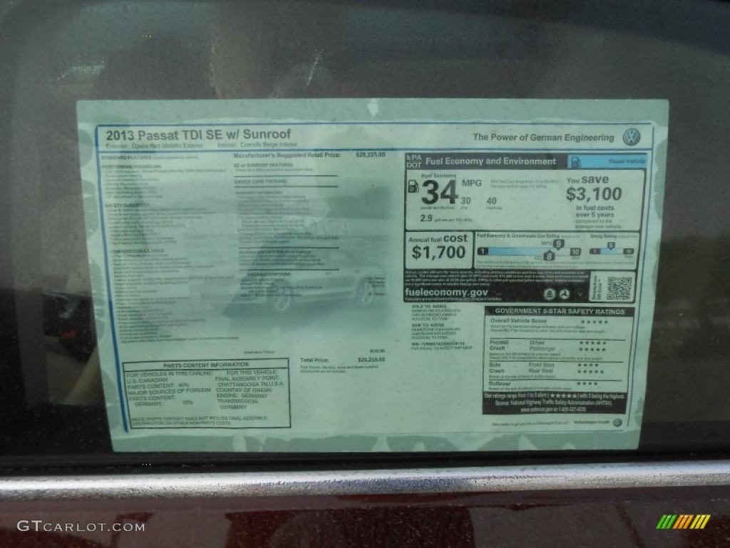 2013 Volkswagen Passat TDI SE Window Sticker Photo #78153503