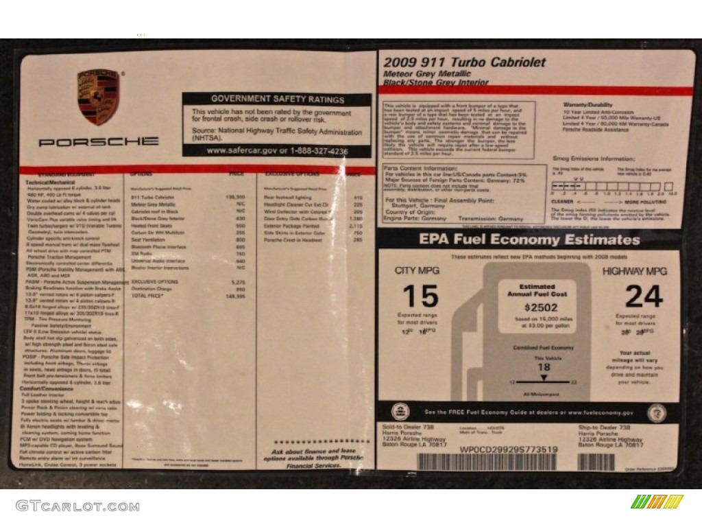 2009 Porsche 911 Turbo Cabriolet Window Sticker Photo #78156171