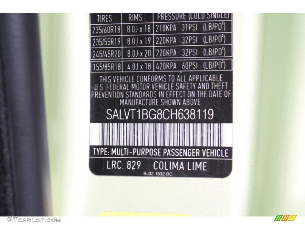 2012 Range Rover Evoque Color Code 829 for Colima Lime Metallic Photo #78161754