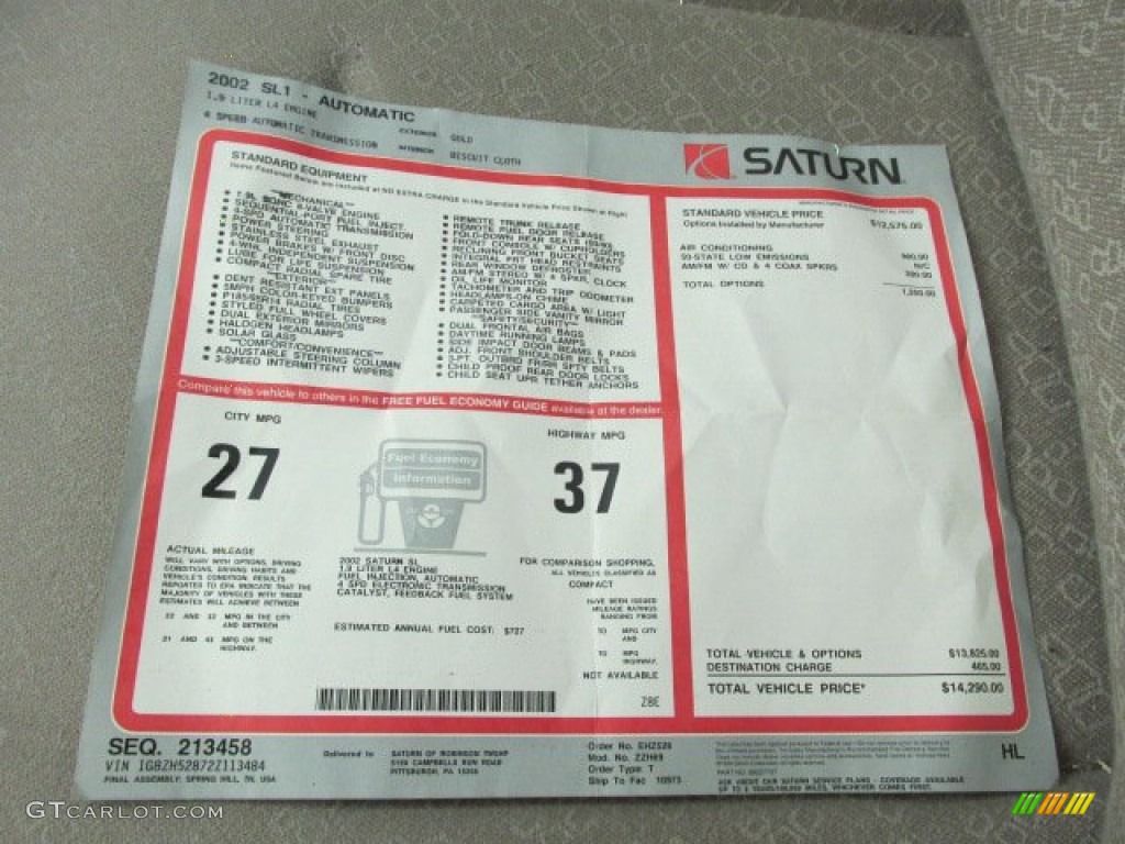 2002 Saturn S Series SL1 Sedan Window Sticker Photos