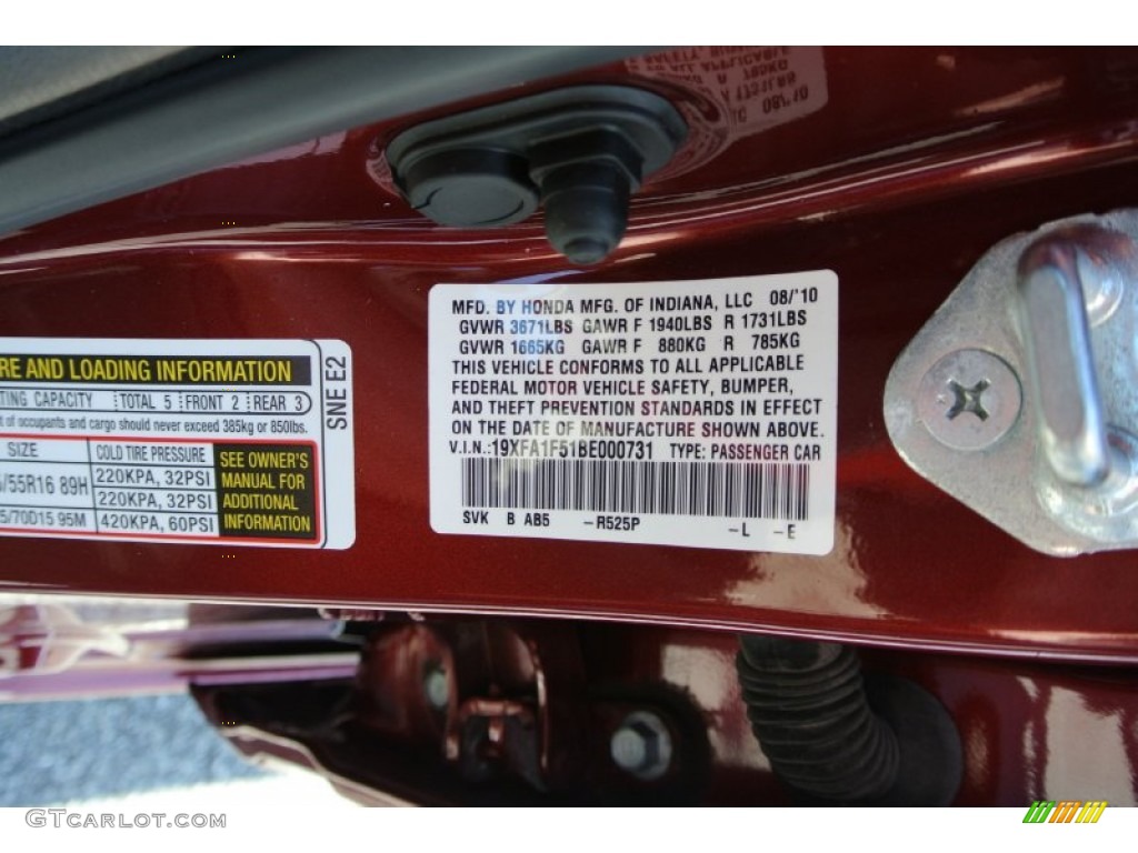 2011 Civic Color Code R525P for Tango Red Pearl Photo #78184050