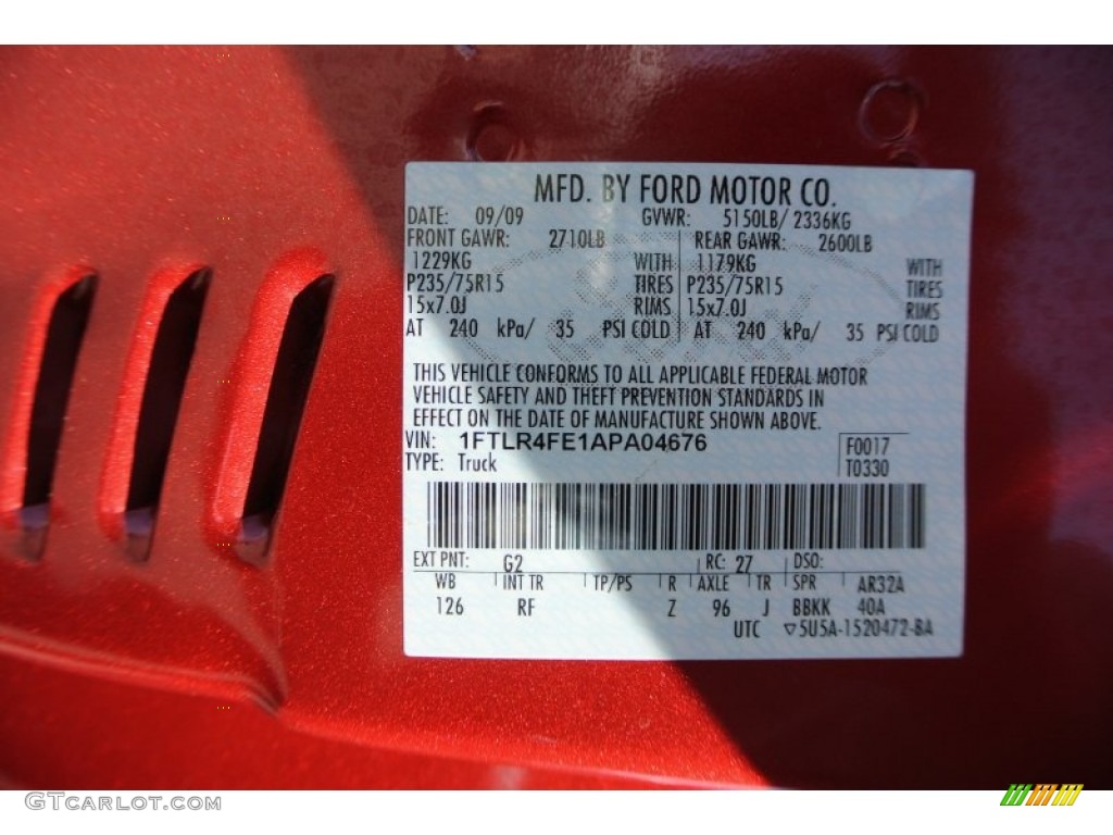 2010 Ford Ranger XLT SuperCab 4x4 Color Code Photos
