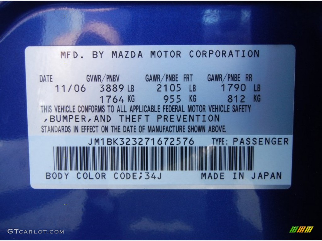 2007 MAZDA3 Color Code 34J for Aurora Blue Mica Photo #78186327