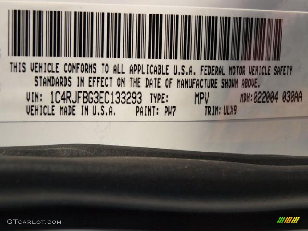 2014 Grand Cherokee Color Code PW7 for Bright White Photo #78188080
