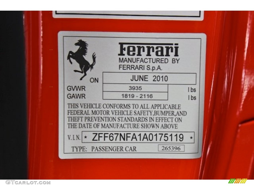 2010 Ferrari 458 Italia Info Tag Photo #78194619