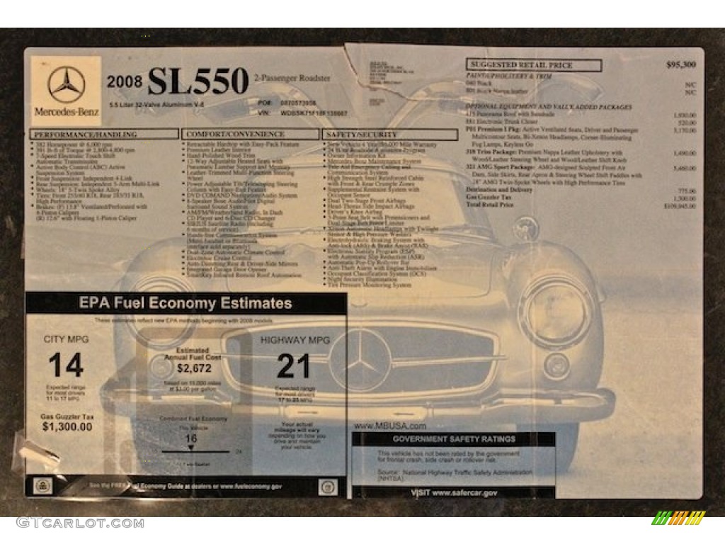 2008 Mercedes-Benz SL 550 Roadster Window Sticker Photo #78195606
