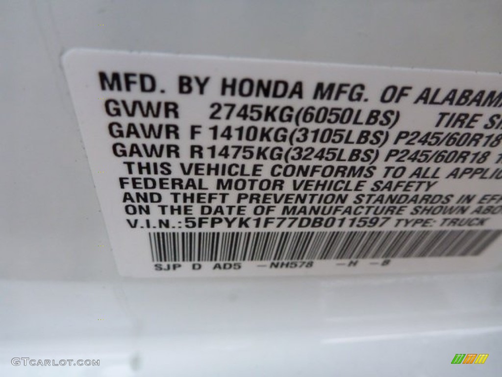 2013 Ridgeline Color Code NH578 for White Photo #78201969