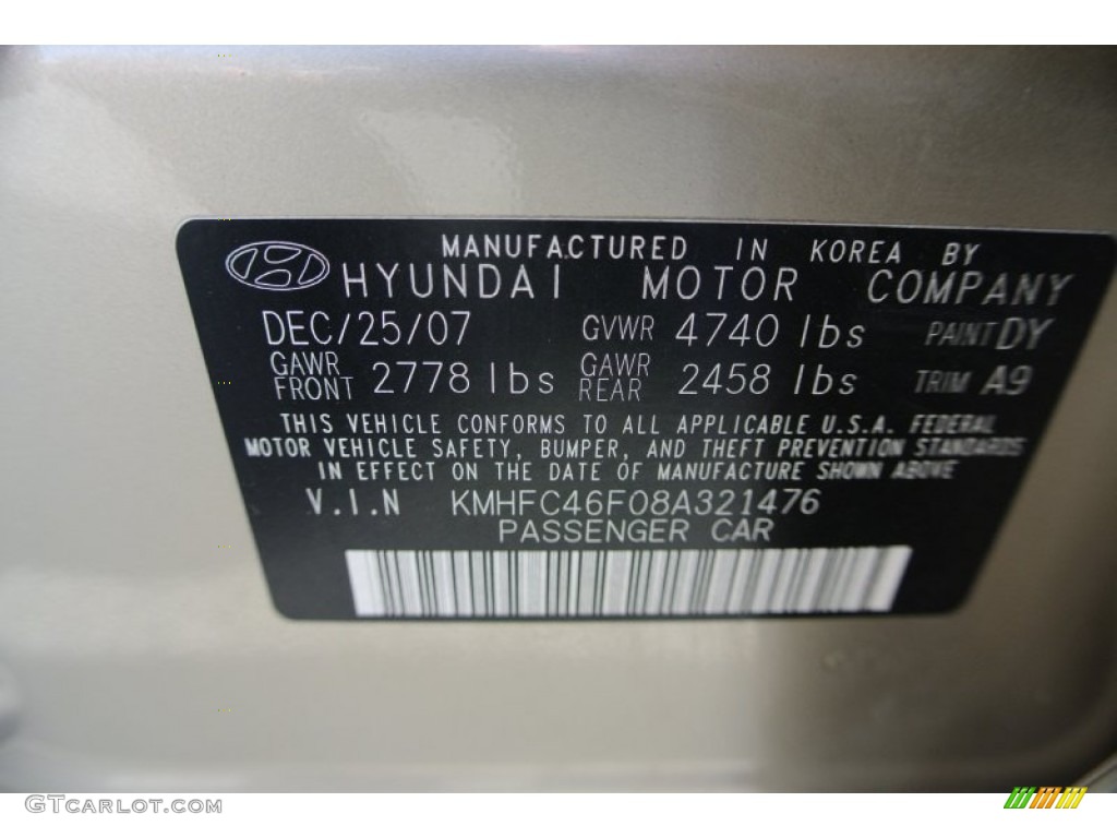 2008 Azera Color Code DY for Golden Beige Photo #78202818