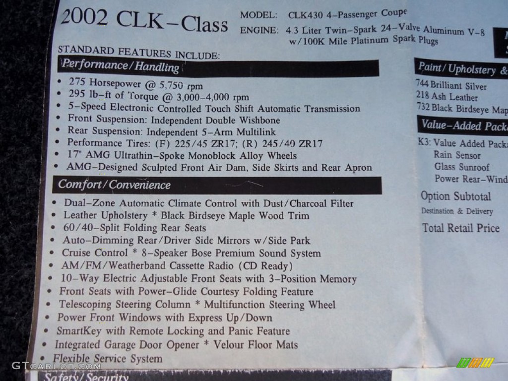 2002 Mercedes-Benz CLK 430 Coupe Window Sticker Photo #78208917