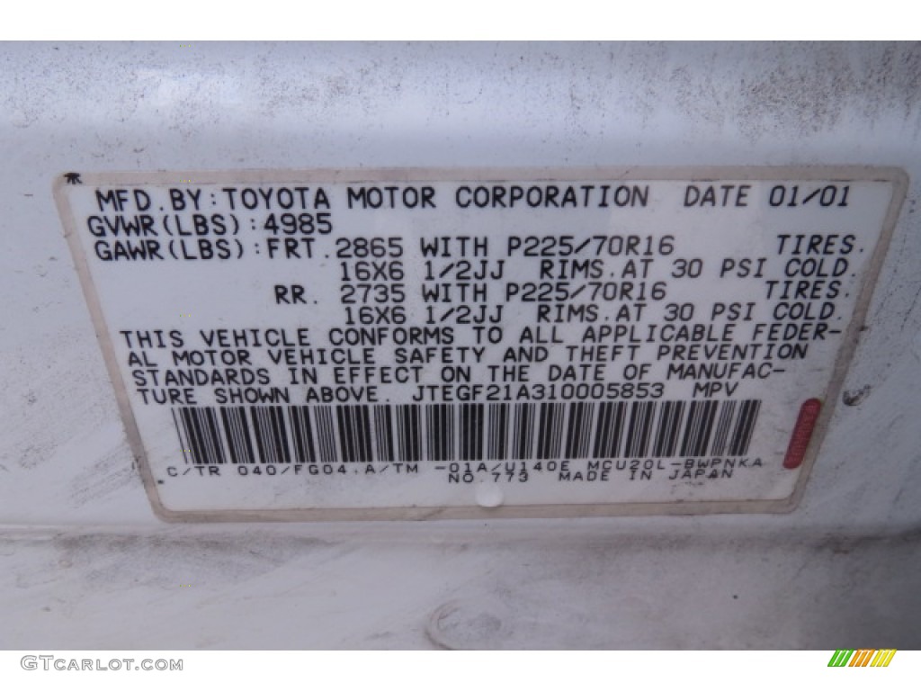 2001 Highlander Color Code 040 for Super White Photo #78210240