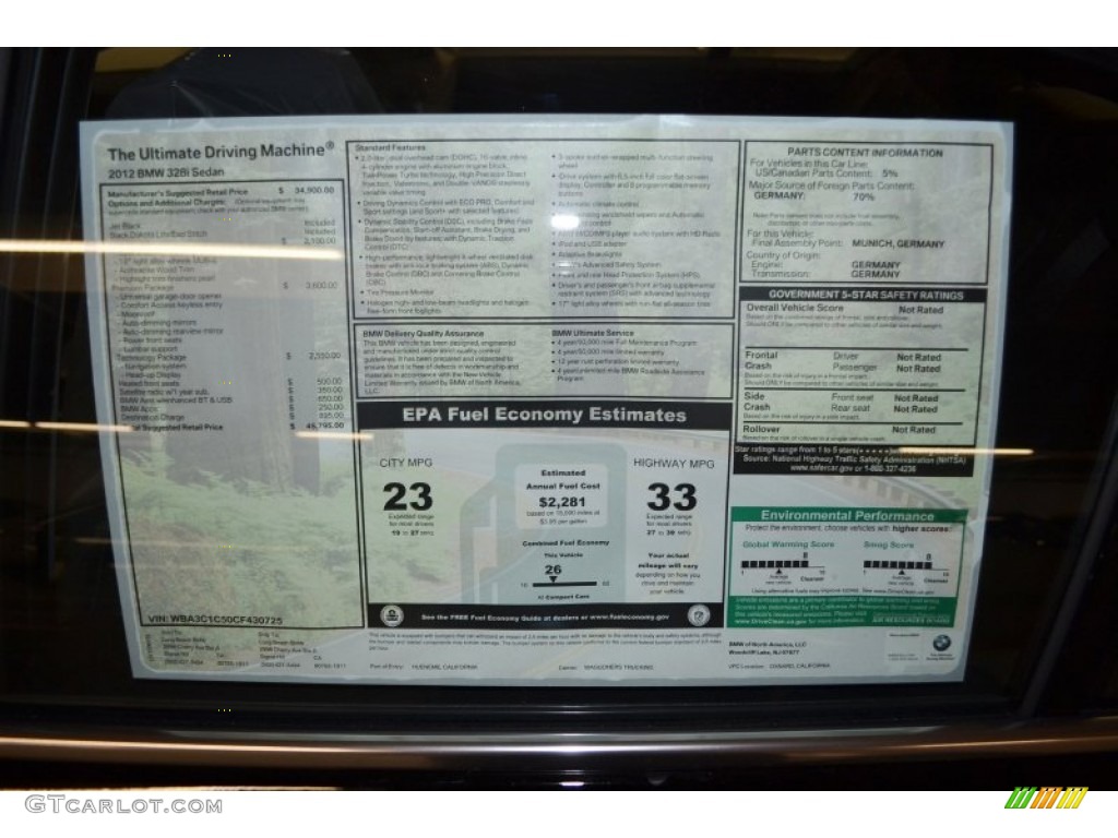 2012 BMW 3 Series 328i Sedan Window Sticker Photo #78210732