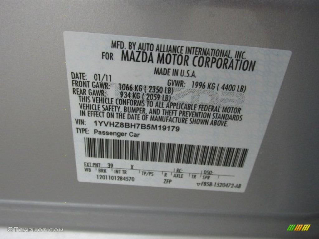 2011 MAZDA6 Color Code 39X for Ingot Silver Photo #78214923