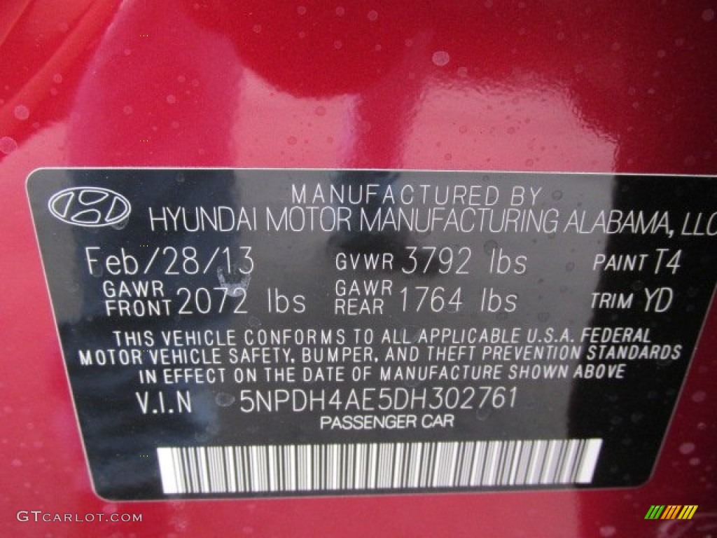 2013 Elantra Color Code T4 for Sparkling Ruby Photo #78216007