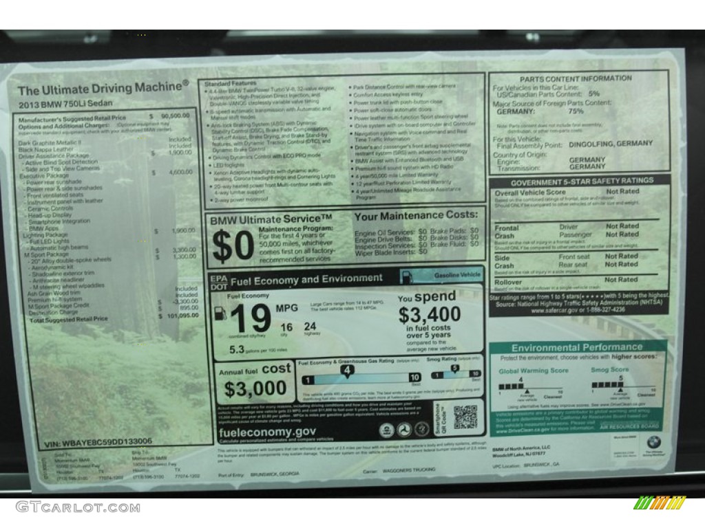 2013 BMW 7 Series 750Li Sedan Window Sticker Photo #78223310