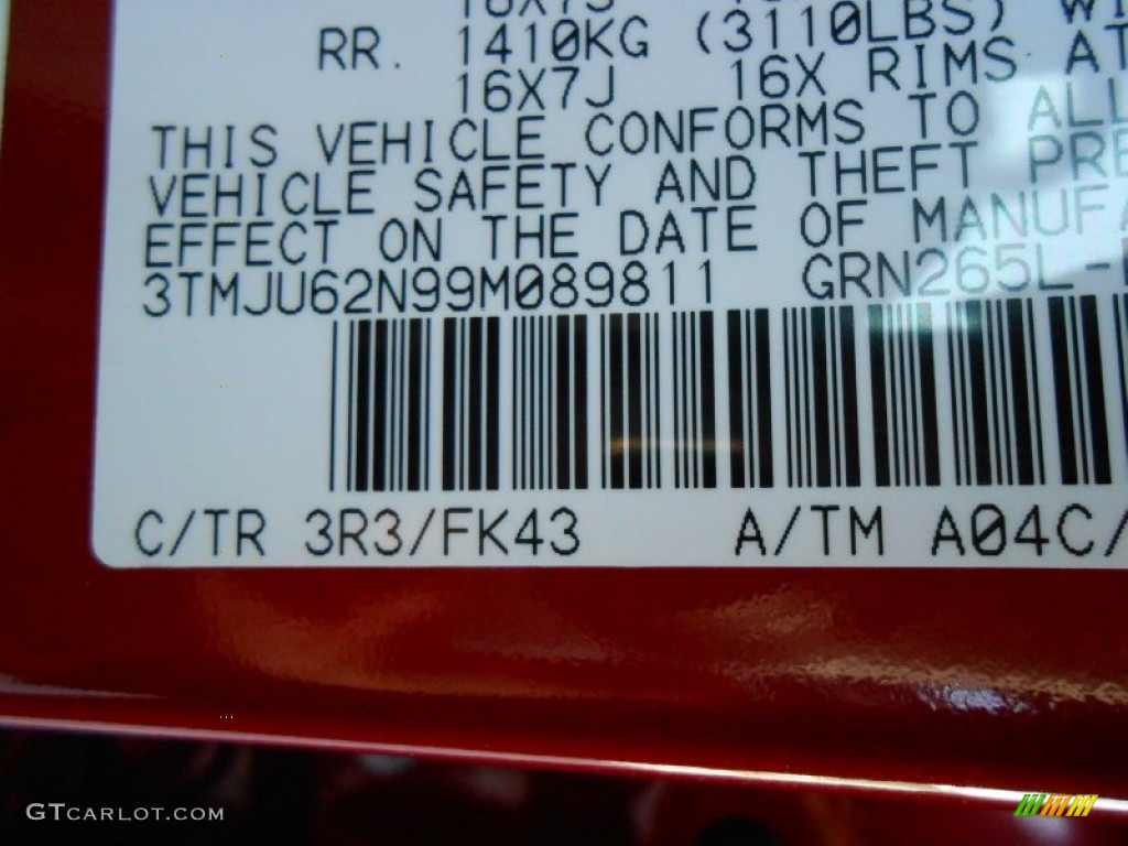 2009 Toyota Tacoma V6 SR5 PreRunner Double Cab Color Code Photos