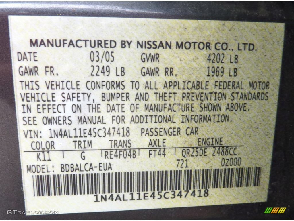 2005 Nissan altima interior color codes