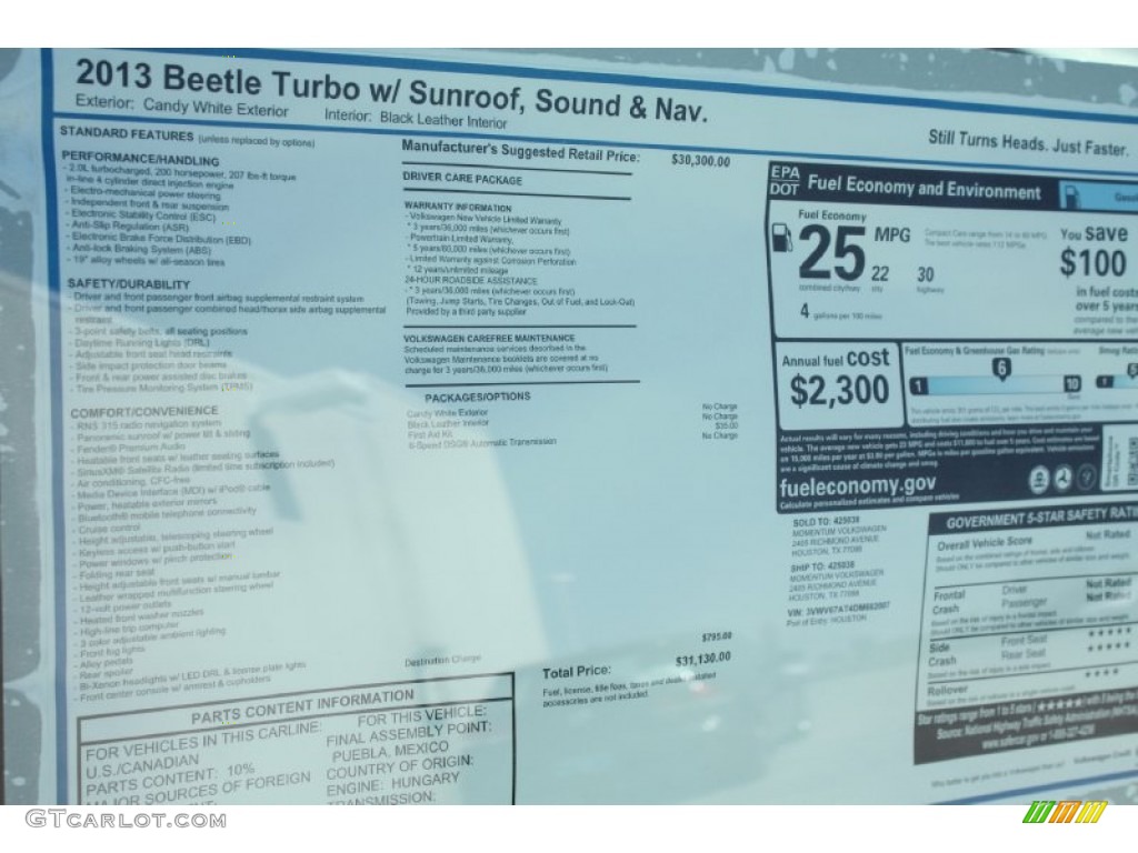 2013 Volkswagen Beetle Turbo Window Sticker Photo #78231091