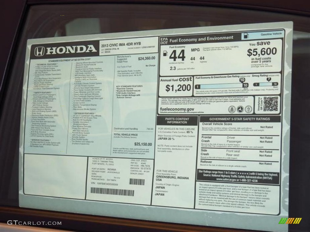 2013 Honda Civic Hybrid Sedan Window Sticker Photo #78237576