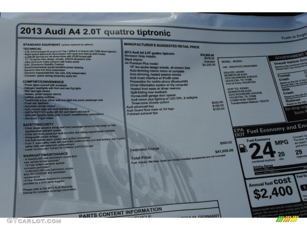 2013 Audi A4 2.0T quattro Sedan Window Sticker Photo #78237685