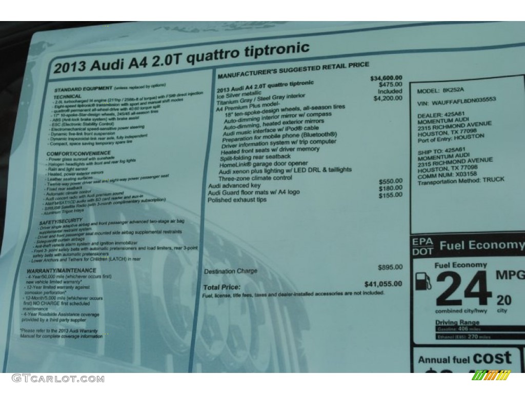 2013 Audi A4 2.0T quattro Sedan Window Sticker Photo #78238630
