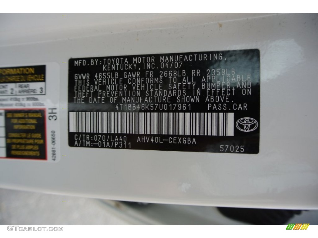 2007 Toyota Camry Hybrid Color Code Photos