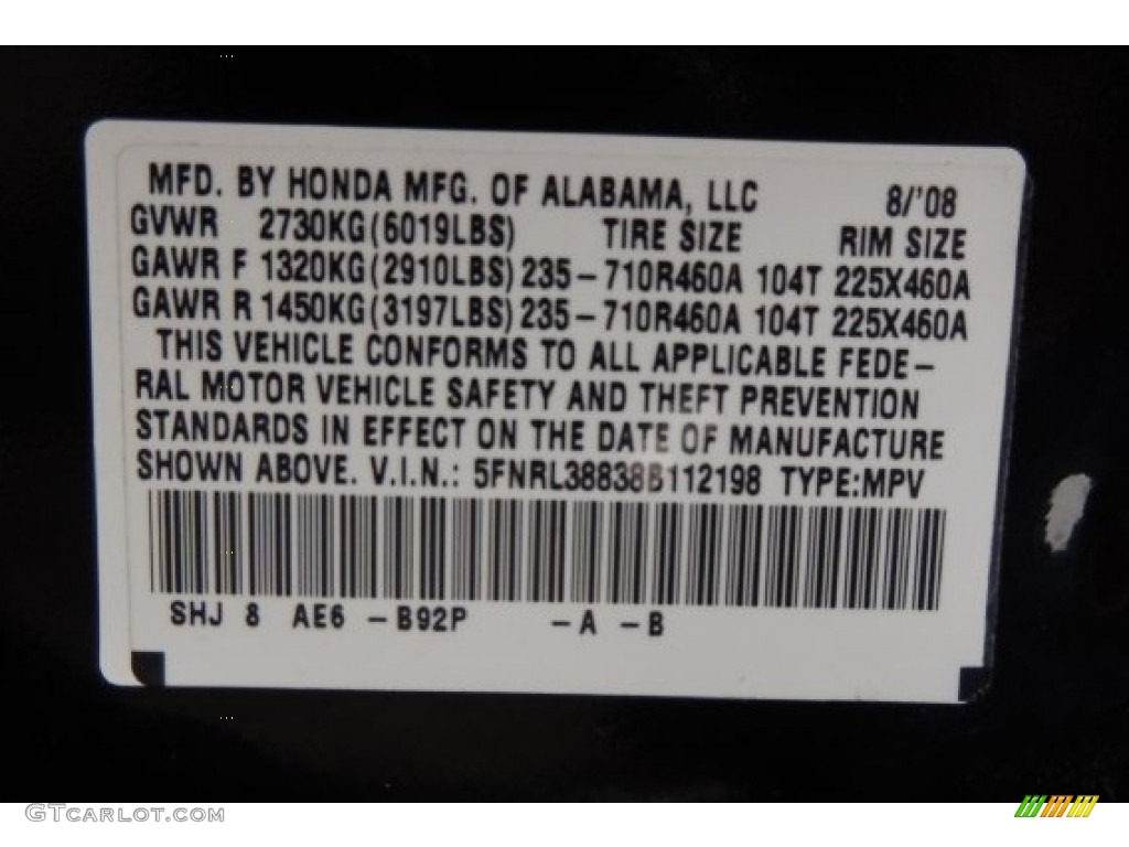 2008 Honda Odyssey Touring Color Code Photos