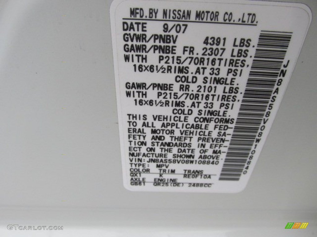 2008 Nissan Rogue S AWD Color Code Photos