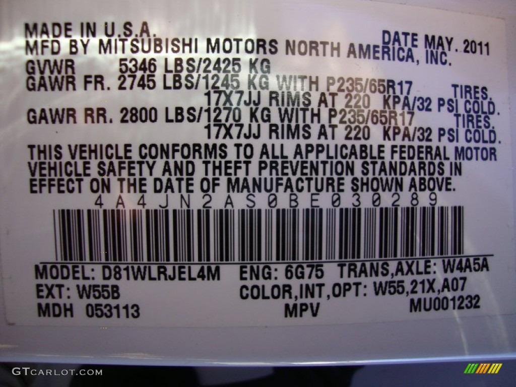 2011 Mitsubishi Endeavor LS Color Code Photos