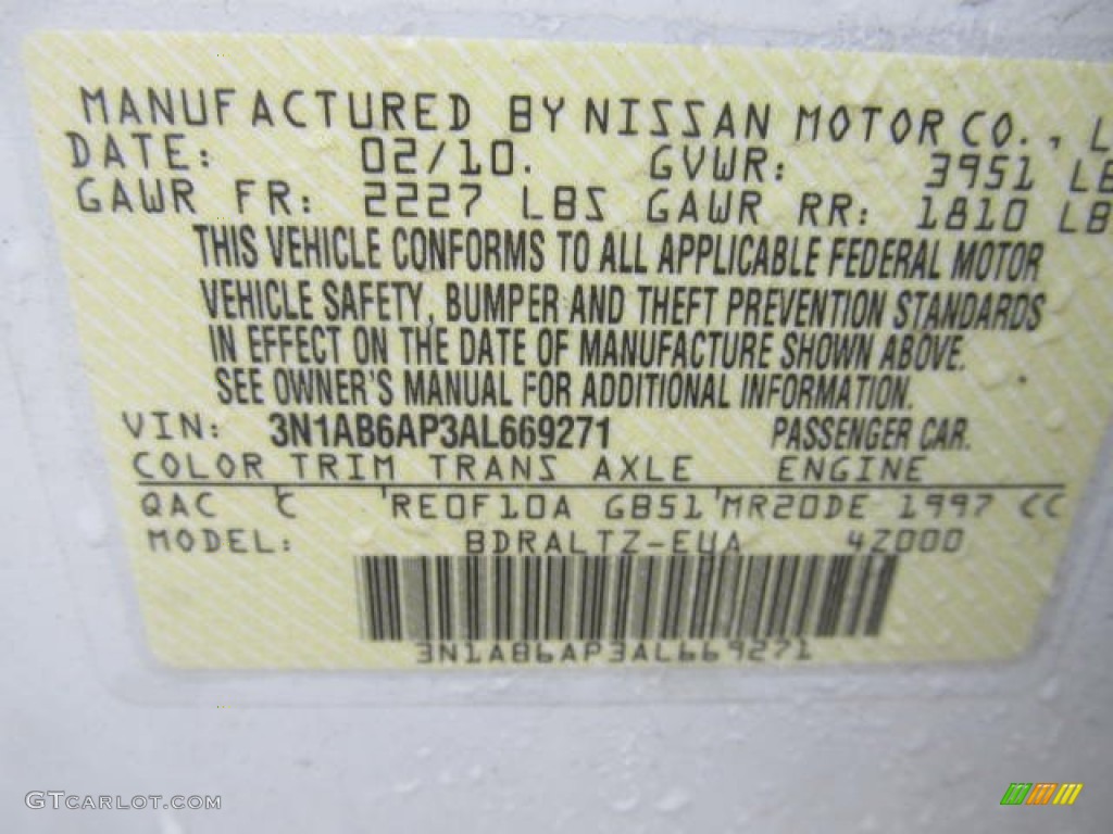 2010 Nissan Sentra 2.0 S Color Code Photos
