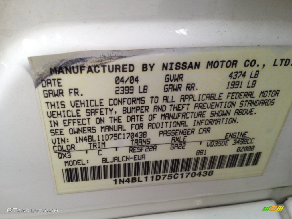 2005 Nissan Altima 3.5 SE Color Code Photos