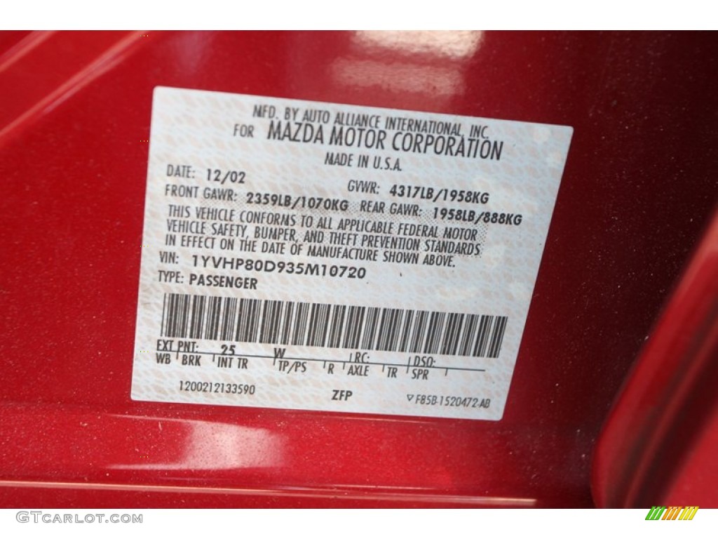 2003 MAZDA6 Color Code 25W for Redfire Metallic Photo #78264579