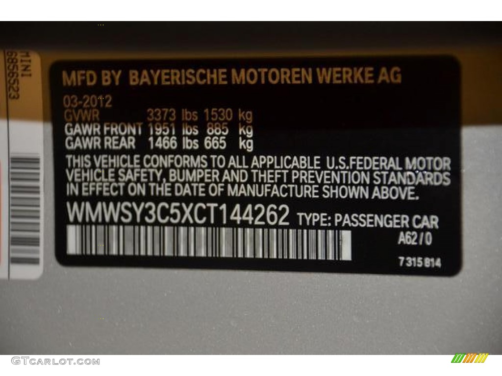 2012 Cooper Color Code A62 for White Silver Metallic Photo #78286317